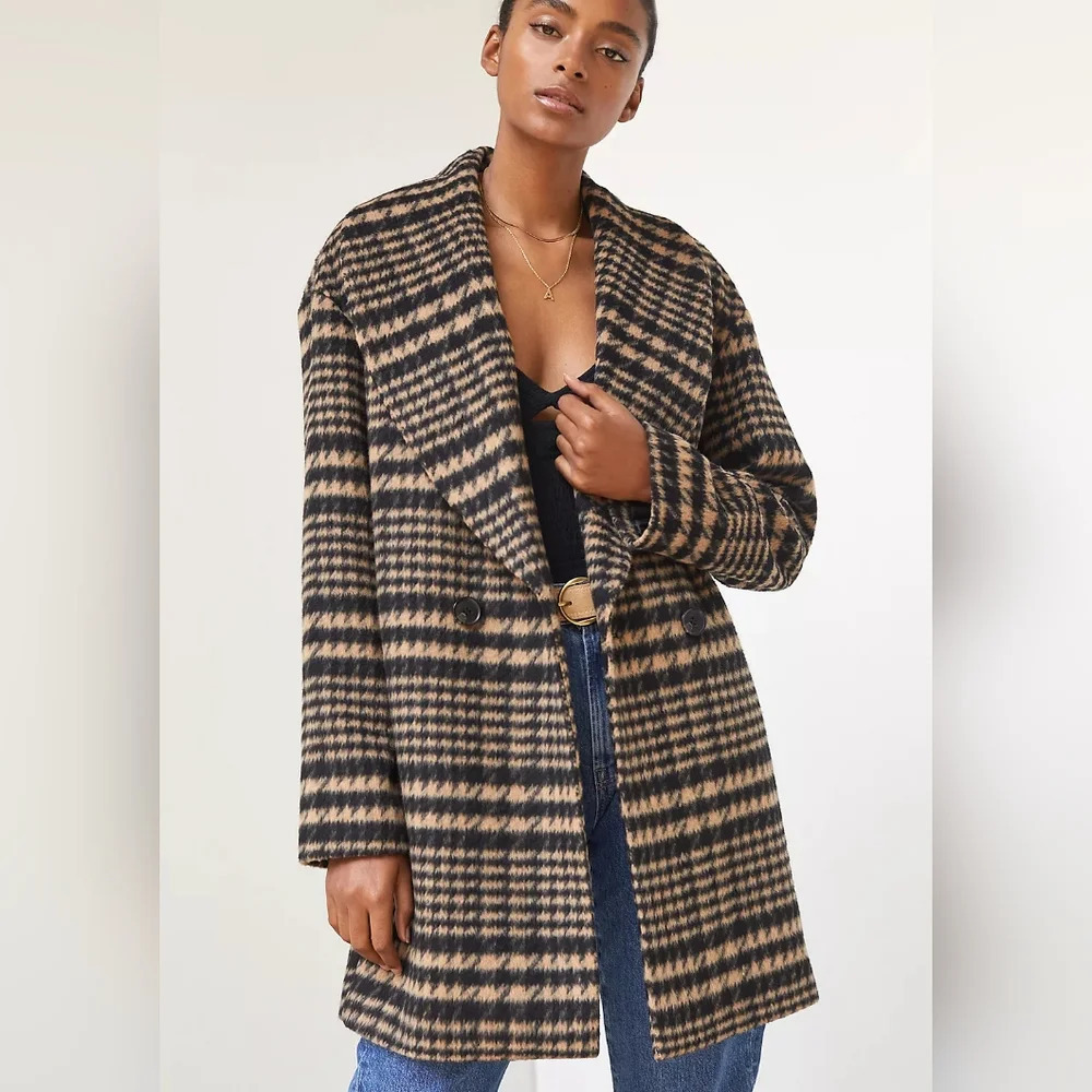 Avec Les Filles Oversized Plaid Houndstooth Wool Blend Peacoat